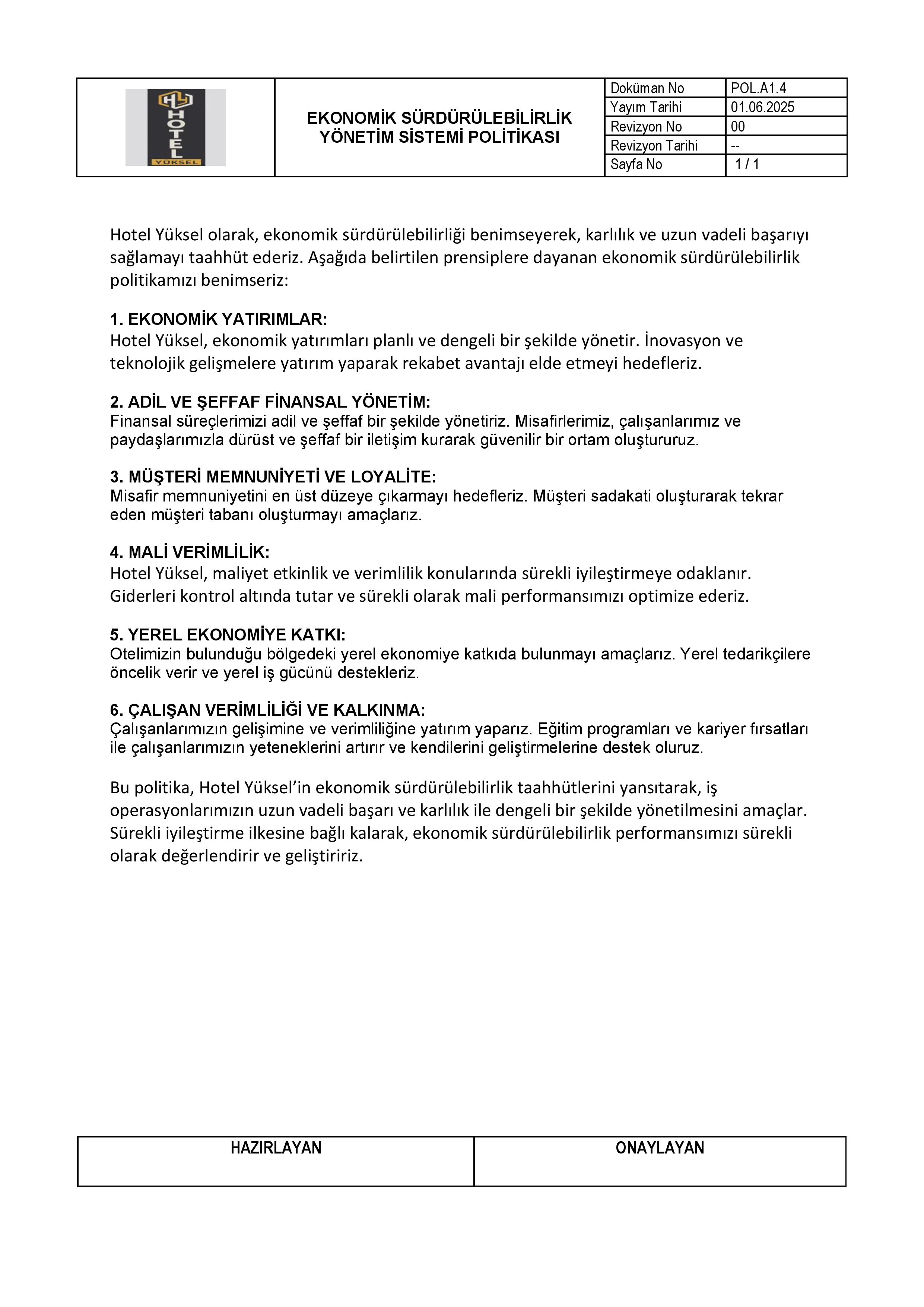 EKONOMİK SÜRDÜRÜLEBİLİRLİK YÖNETİM SİSTEMİ POLİTİKASI